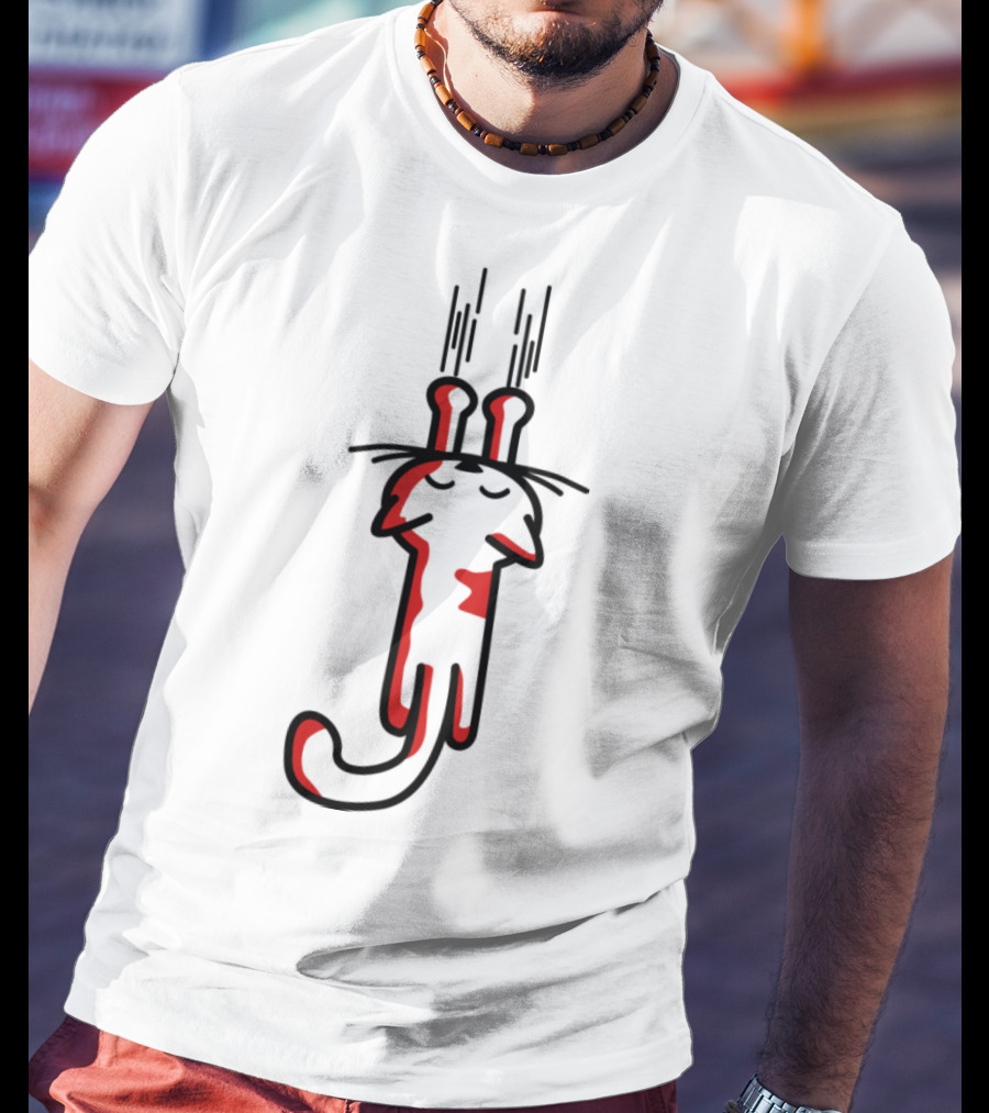 Minimalist Red And White Cartoon Cat With Long Ears Design From 'My Kitty Cats T-Shirt