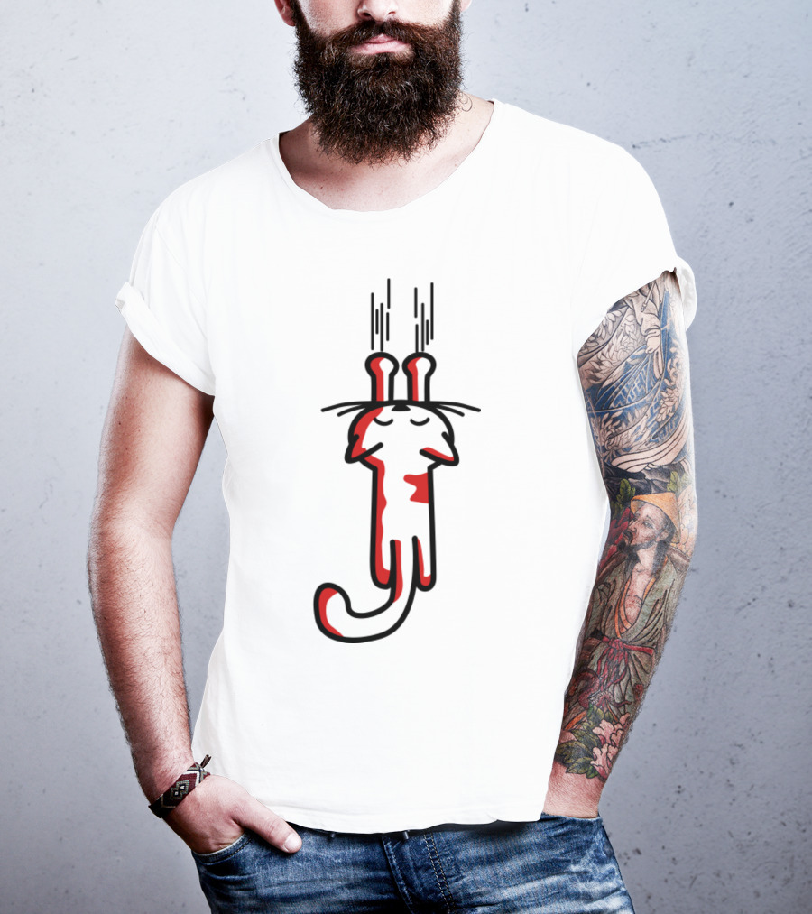 Minimalist Red And White Cartoon Cat With Long Ears Design From 'My Kitty Cats T-Shirt