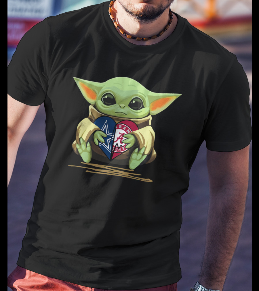 Baby Yoda Holding Cowboys Star And Crimson Tide Heart T-Shirt