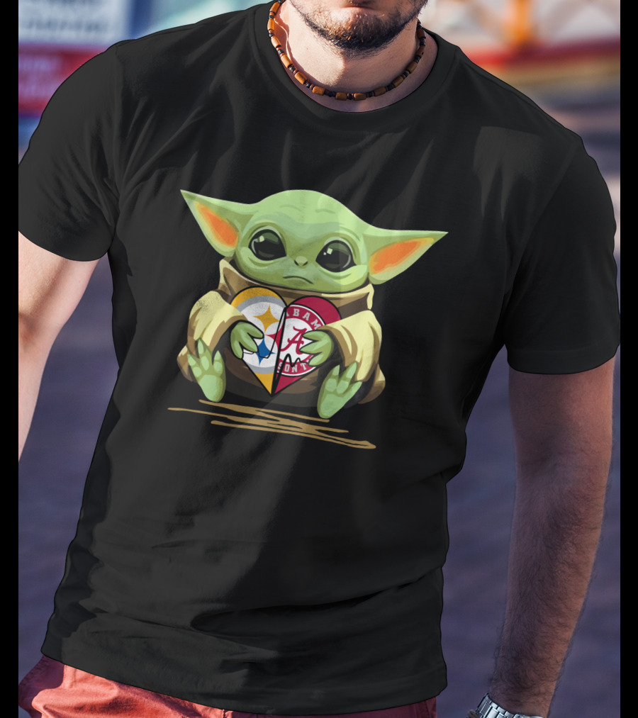Baby Yoda Holding Pittsburgh Steelers Crimson Tide Alabama Heart T-Shirt