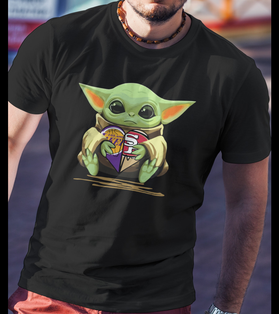 Baby Yoda Holding Los Angeles Lakers San Francisco 49ers Heart T-Shirt