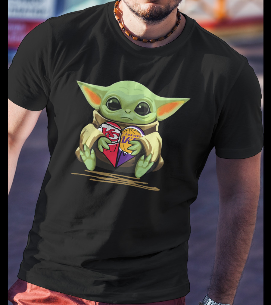 Baby Yoda Holding Kansas City Chiefs Los Angeles Lakers Heart T-Shirt