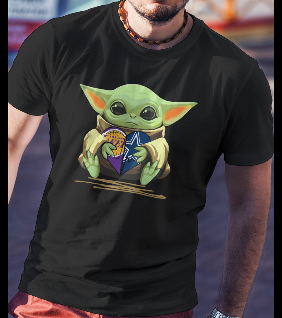 Baby Yoda Heart Los Angeles Lakers And Dallas Cowboys T-Shirt