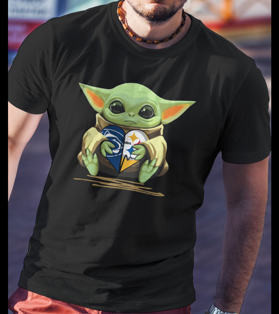 Baby Yoda Holding Steelers And Lions Heart Logo Fan Love T-Shirt