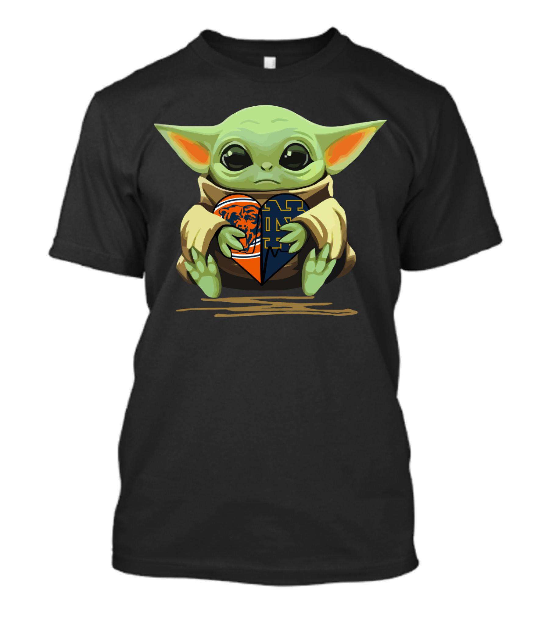 Baby Yoda Holding Chicago Bears And Notre Dame Irish Heart-Shaped T-Shirt