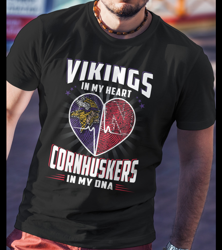 Vikings IN My Heart Cornhuskers IN My Dna Fingerprint Heartbeat T-Shirt