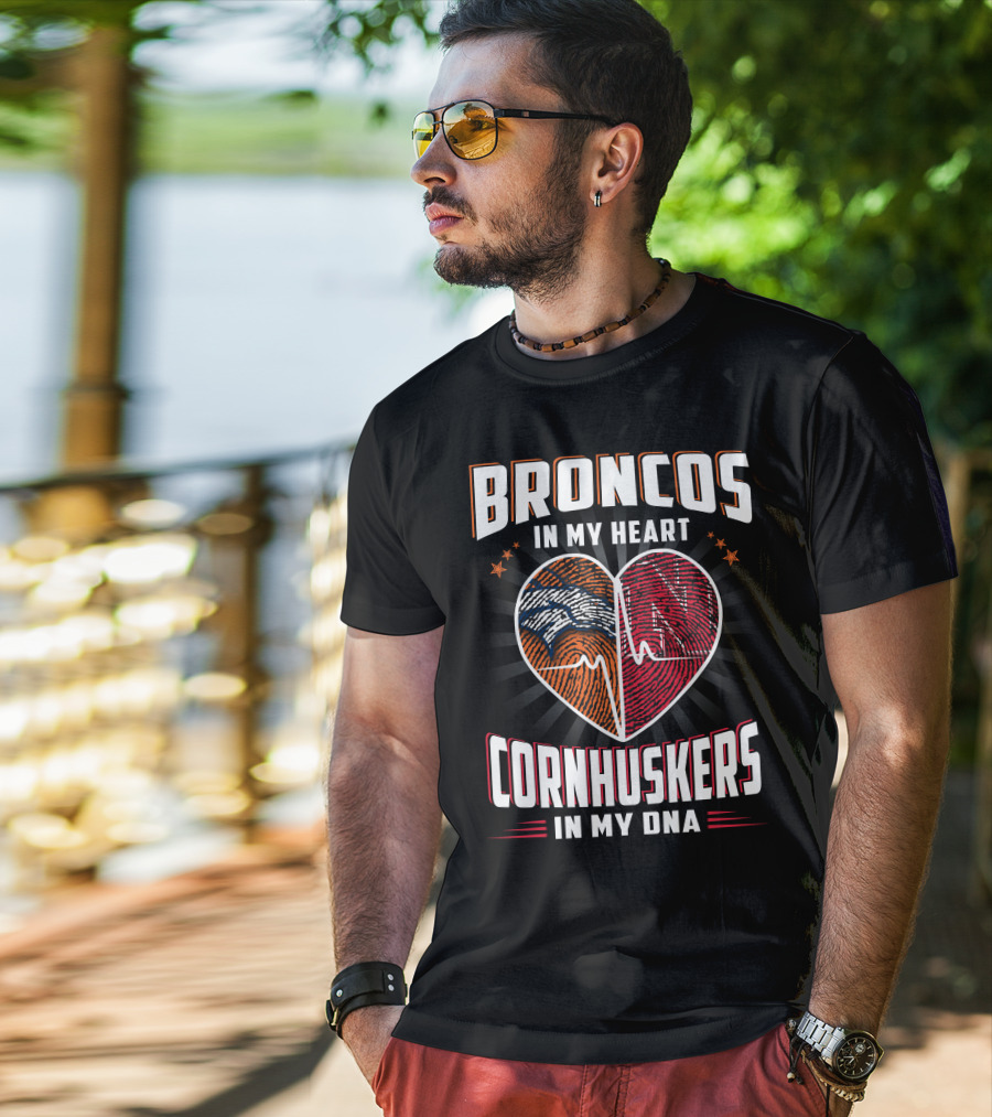 Broncos Heart Cornhuskers Dna Fingerprint Football Pride T-Shirt