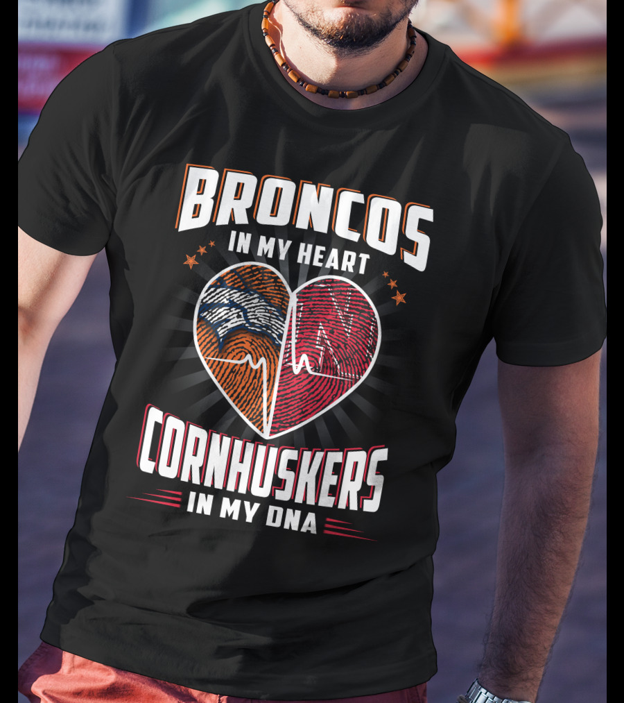 Broncos Heart Cornhuskers Dna Fingerprint Football Pride T-Shirt