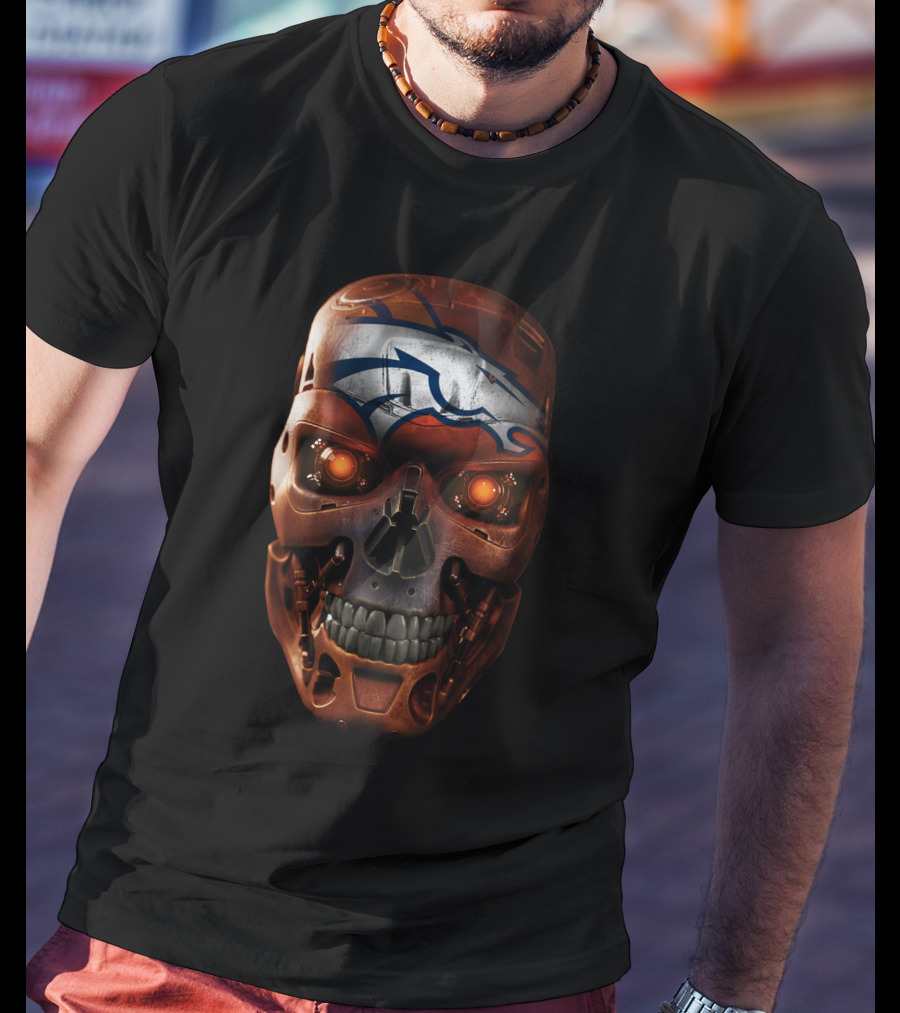 Skull With Broncos Logo Style T-Shirt