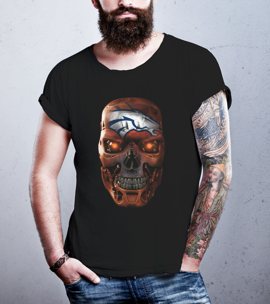 Skull With Broncos Logo Style T-Shirt