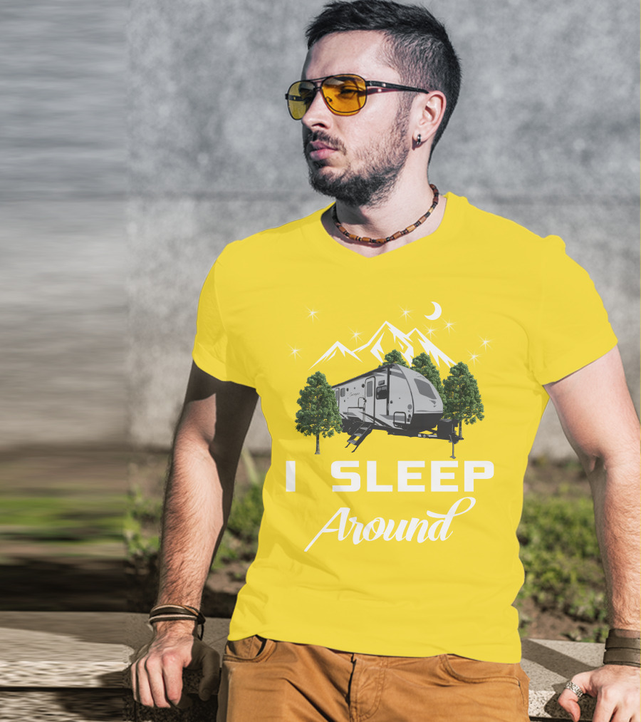 I SLEEP AROUND Forest River Surveyor Camper And Mountain Scene T-Shirt