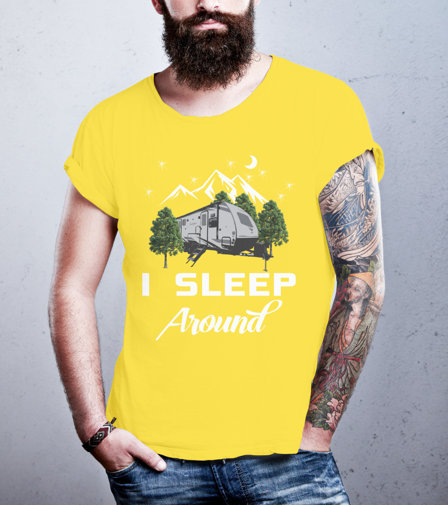 I SLEEP AROUND Forest River Surveyor Camper And Mountain Scene T-Shirt