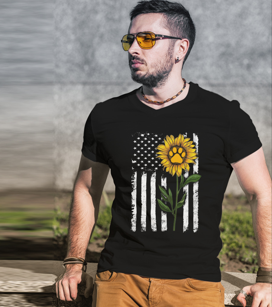 Sunflower Paw American Flag Vertical Stripes T-Shirt