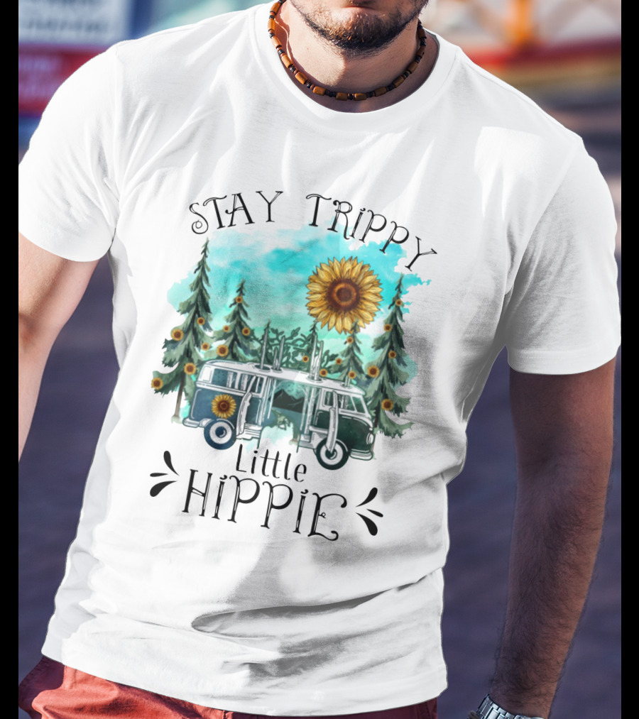 Stay Trippy Little Hippie Sunflower Van Among Forest Pines T-Shirt