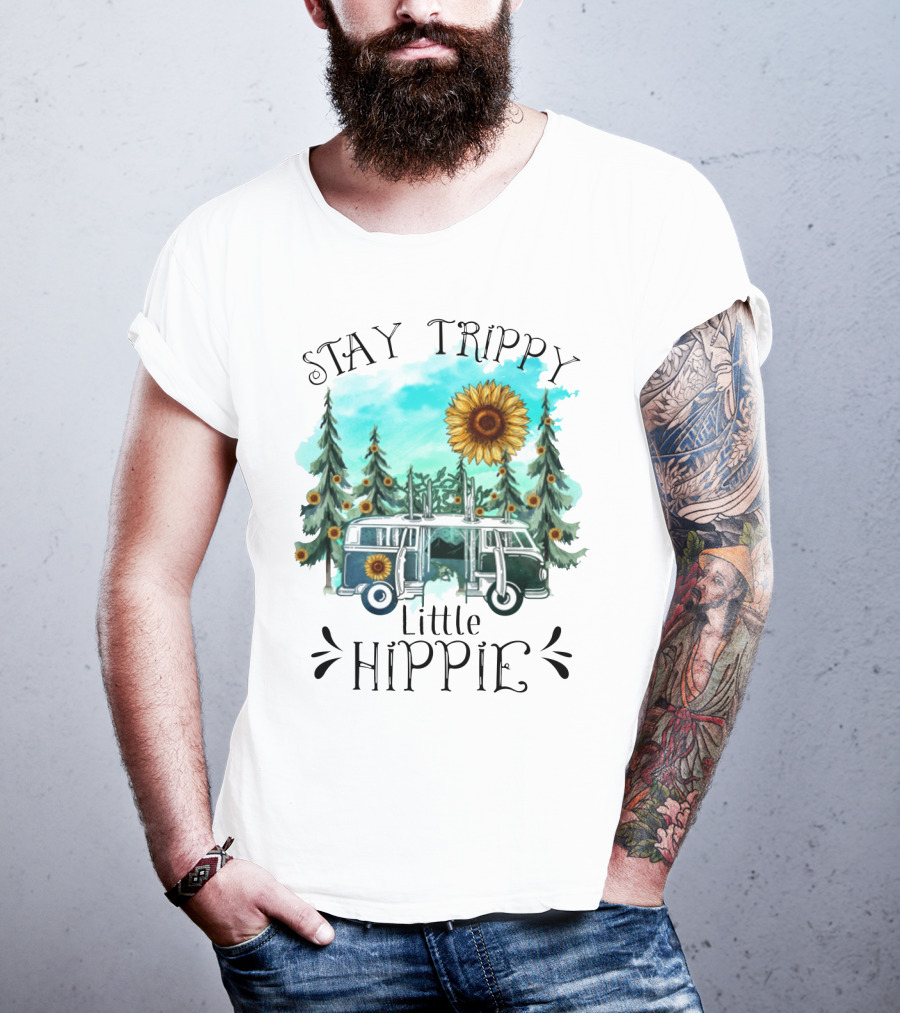 Stay Trippy Little Hippie Sunflower Van Among Forest Pines T-Shirt