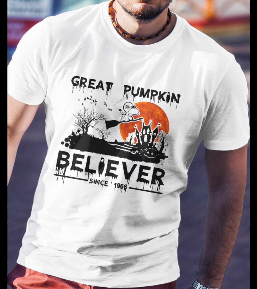 Great Pumpkin Believer Since 1966 Snoopy Flying On Broomstick Halloween Scene T-Shirt