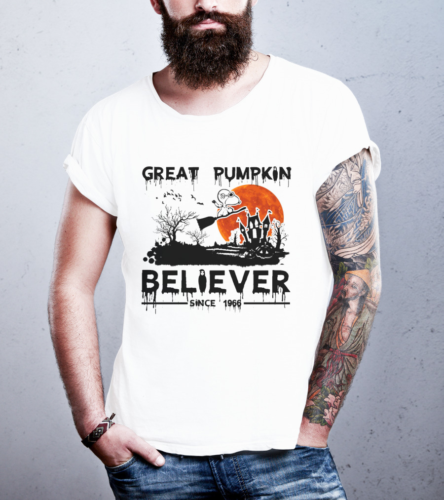 Great Pumpkin Believer Since 1966 Snoopy Flying On Broomstick Halloween Scene T-Shirt