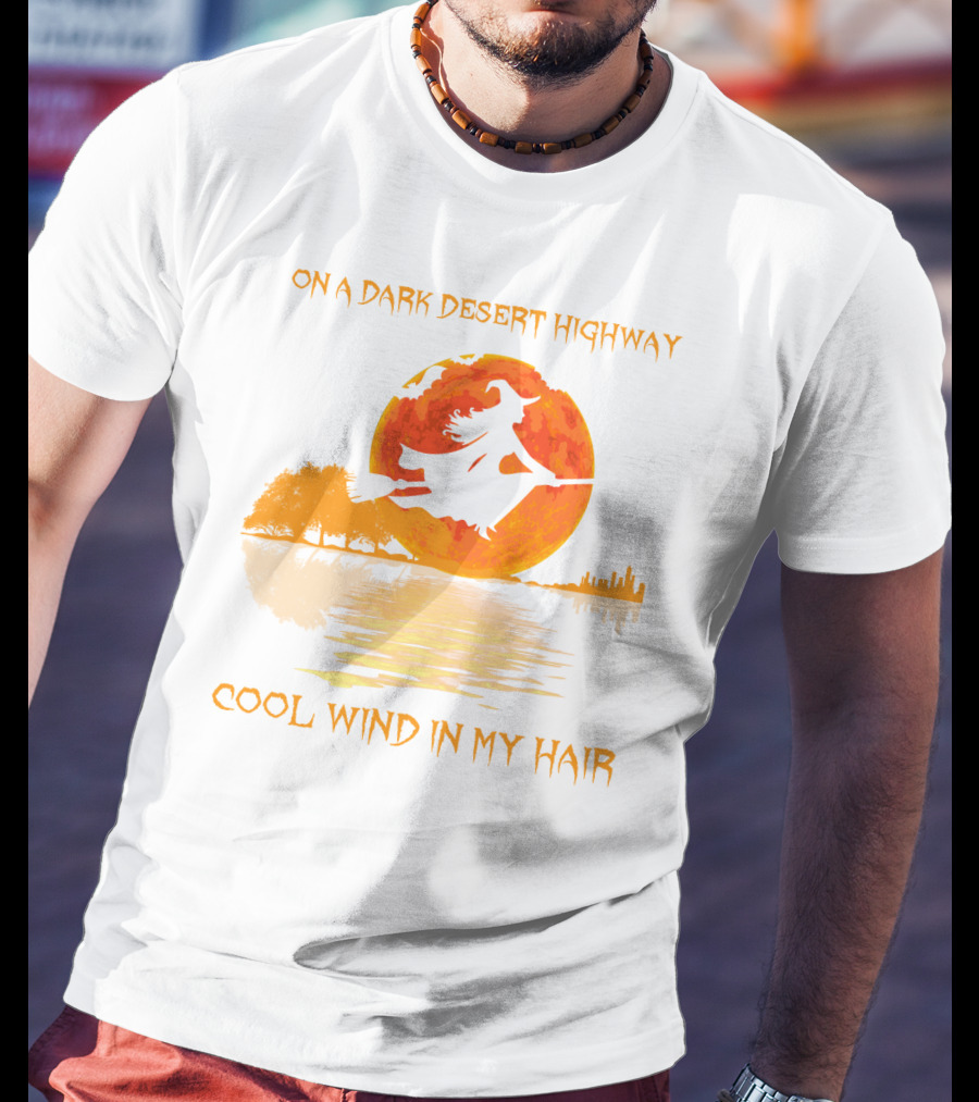 Witch Flying Over Moonlit Desert Highway Cool Wind In My Hair T-Shirt