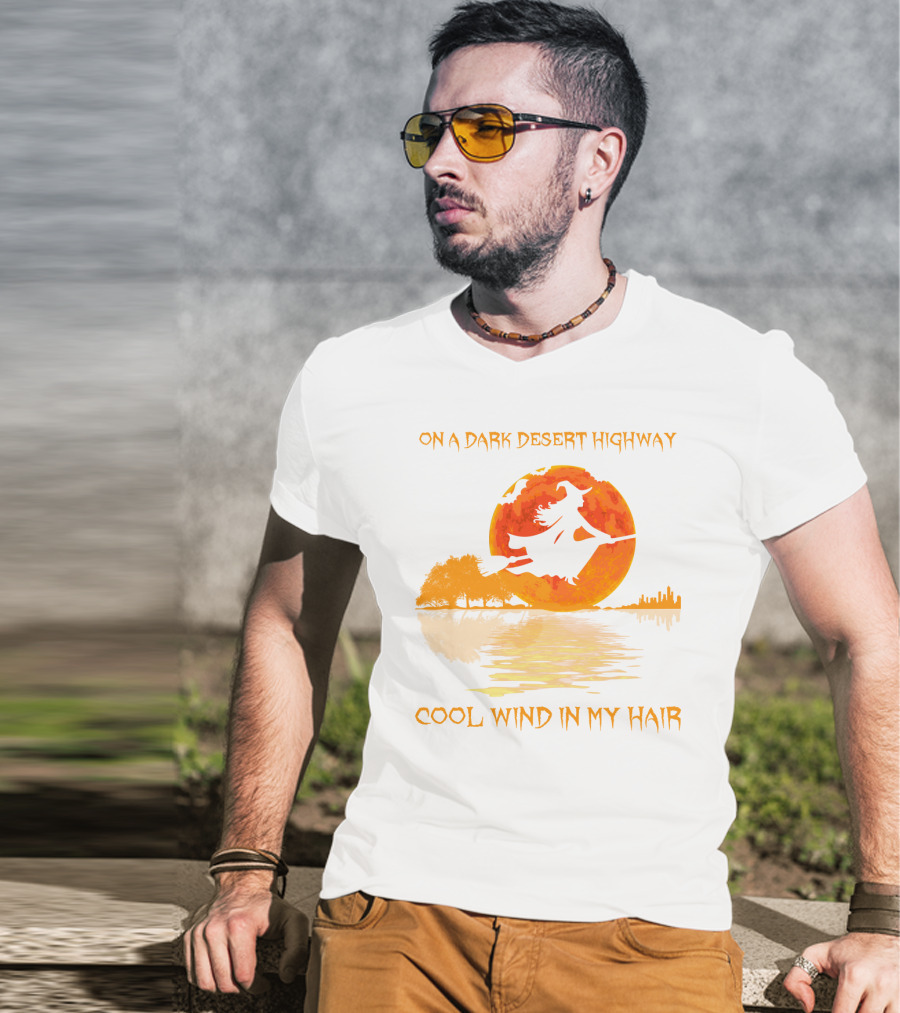 Witch Flying Over Moonlit Desert Highway Cool Wind In My Hair T-Shirt