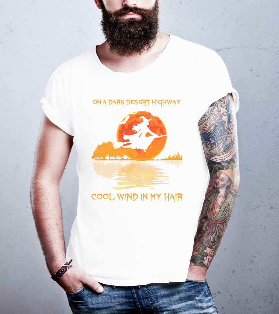 Witch Flying Over Moonlit Desert Highway Cool Wind In My Hair T-Shirt