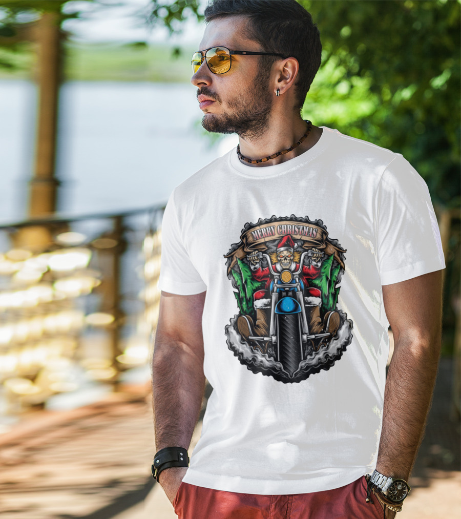 Skeleton Santa Biker Merry Christmas T-Shirt