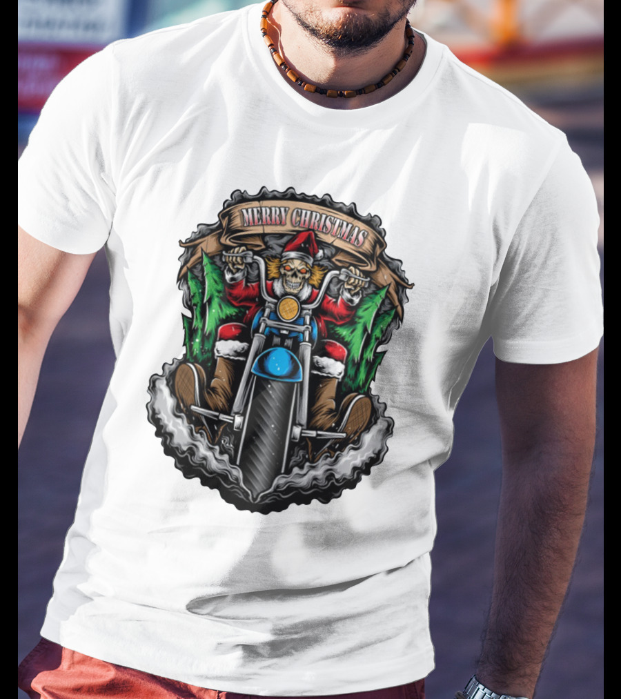 Skeleton Santa Biker Merry Christmas T-Shirt
