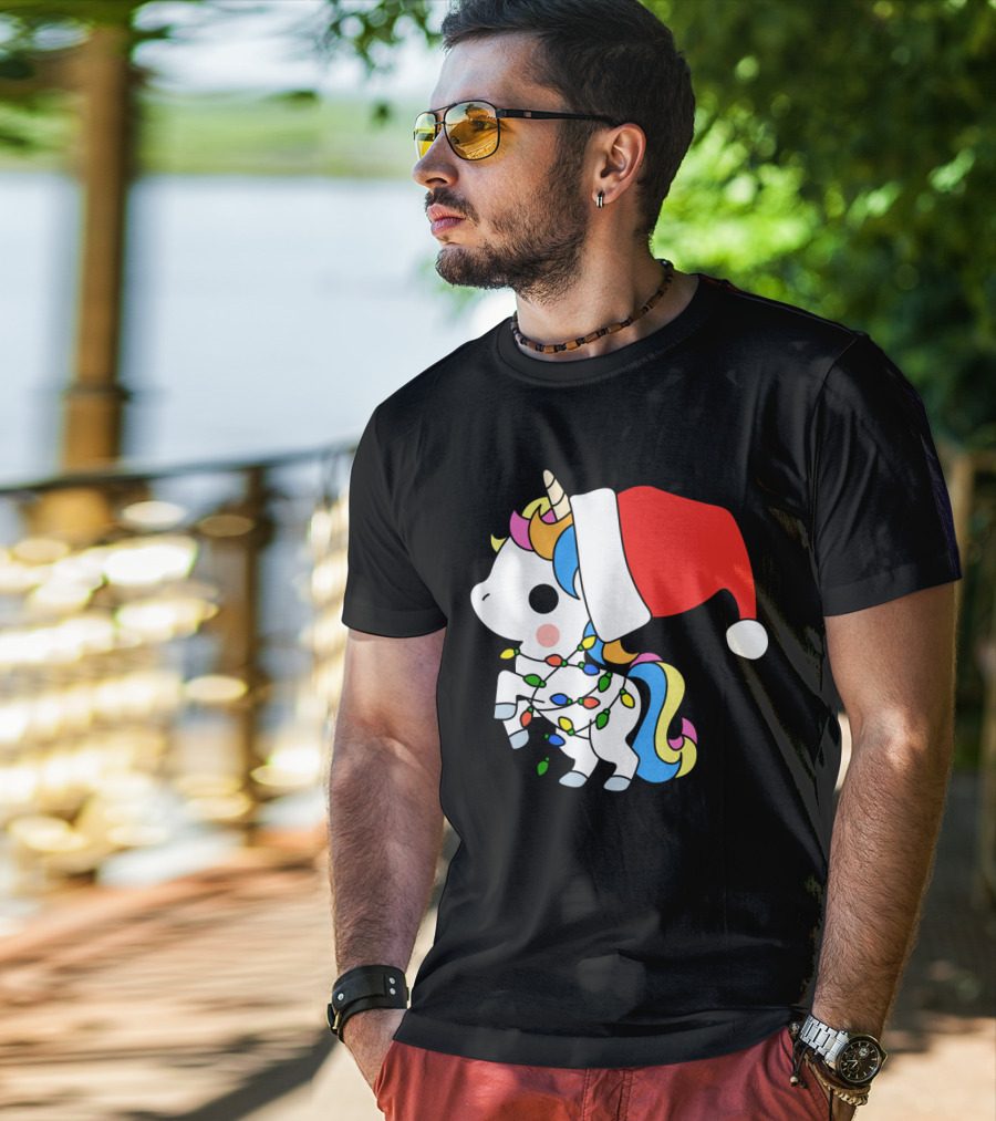 Unicorn Santa Christmas Lights Festive Fantasy T-Shirt