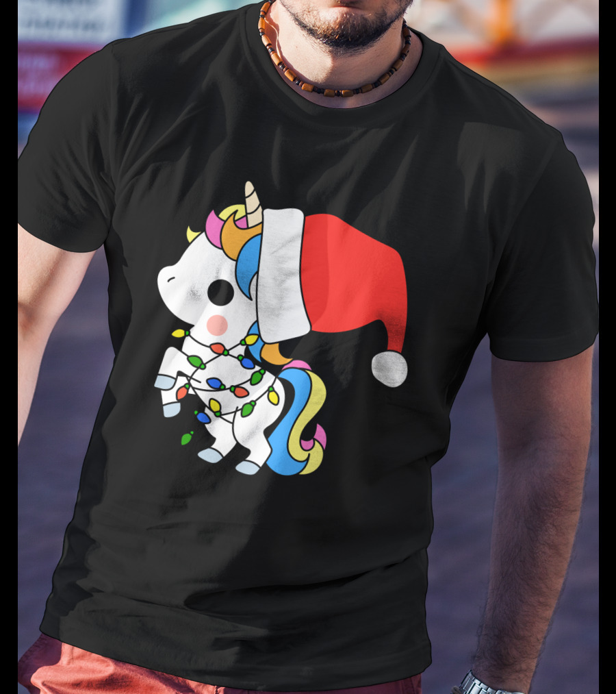 Unicorn Santa Christmas Lights Festive Fantasy T-Shirt