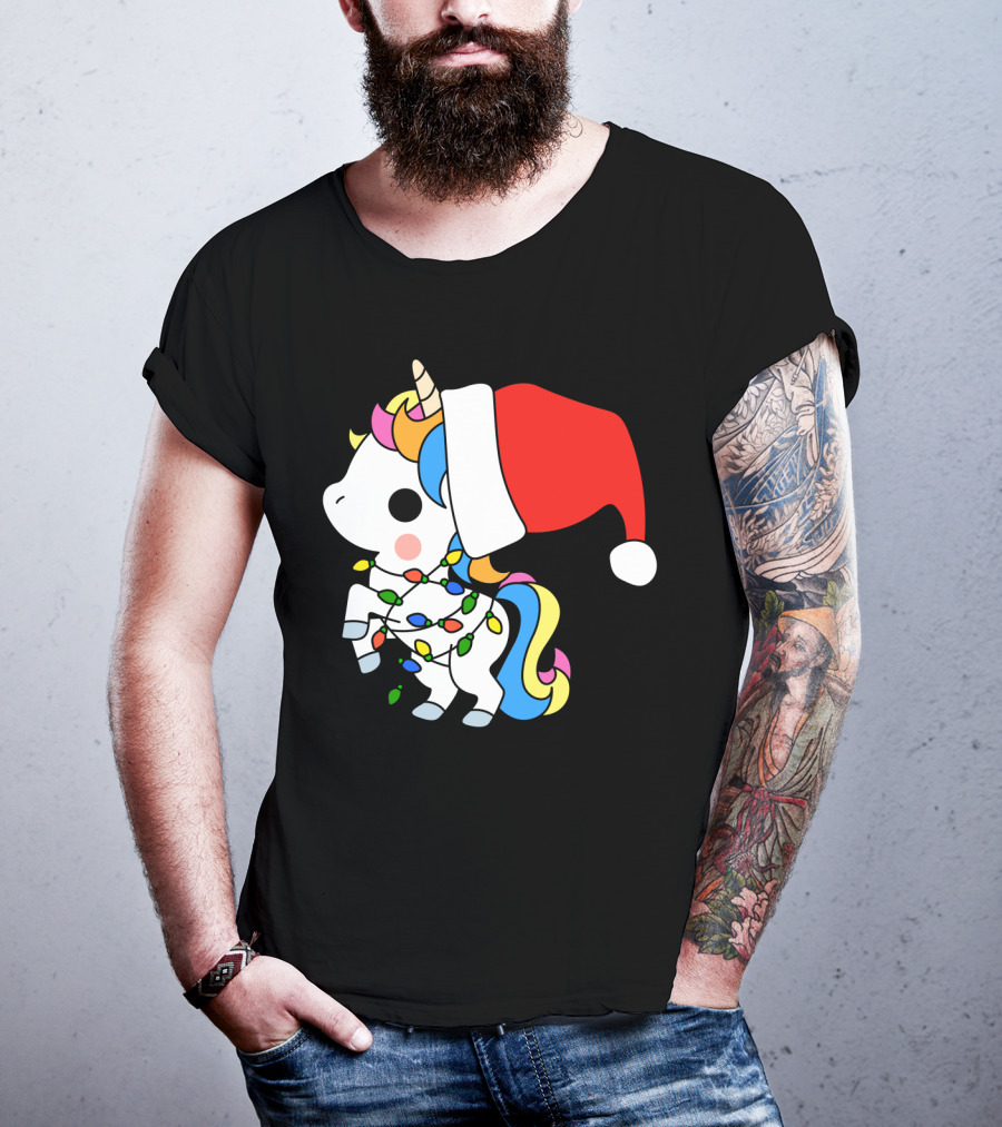 Unicorn Santa Christmas Lights Festive Fantasy T-Shirt