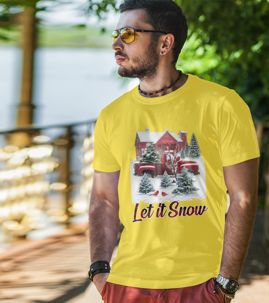 Let It Snow Cardinal Birds Red Tree Farm Holiday Scene T-Shirt