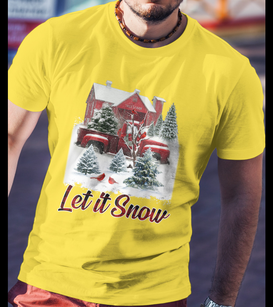Let It Snow Cardinal Birds Red Tree Farm Holiday Scene T-Shirt