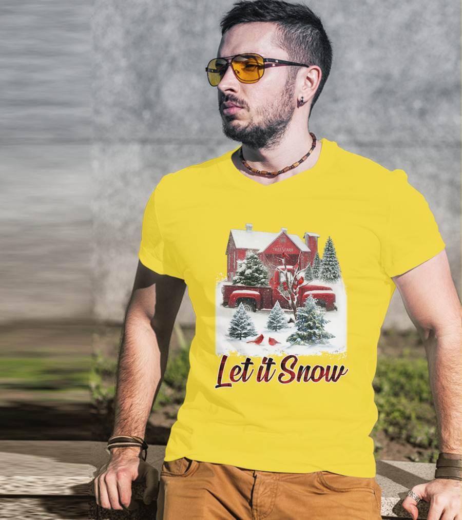 Let It Snow Cardinal Birds Red Tree Farm Holiday Scene T-Shirt