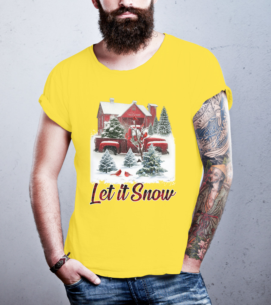 Let It Snow Cardinal Birds Red Tree Farm Holiday Scene T-Shirt