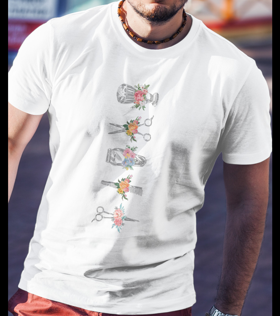 Hairstylist Floral Barber Tools Scissors Comb Vintage Roses Peonies Blossoms Hairdressing Accessories T-Shirt