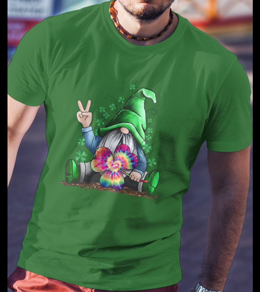 Hippie Gnome Irish With Tie-Dye Shamrock And Peace Sign T-Shirt