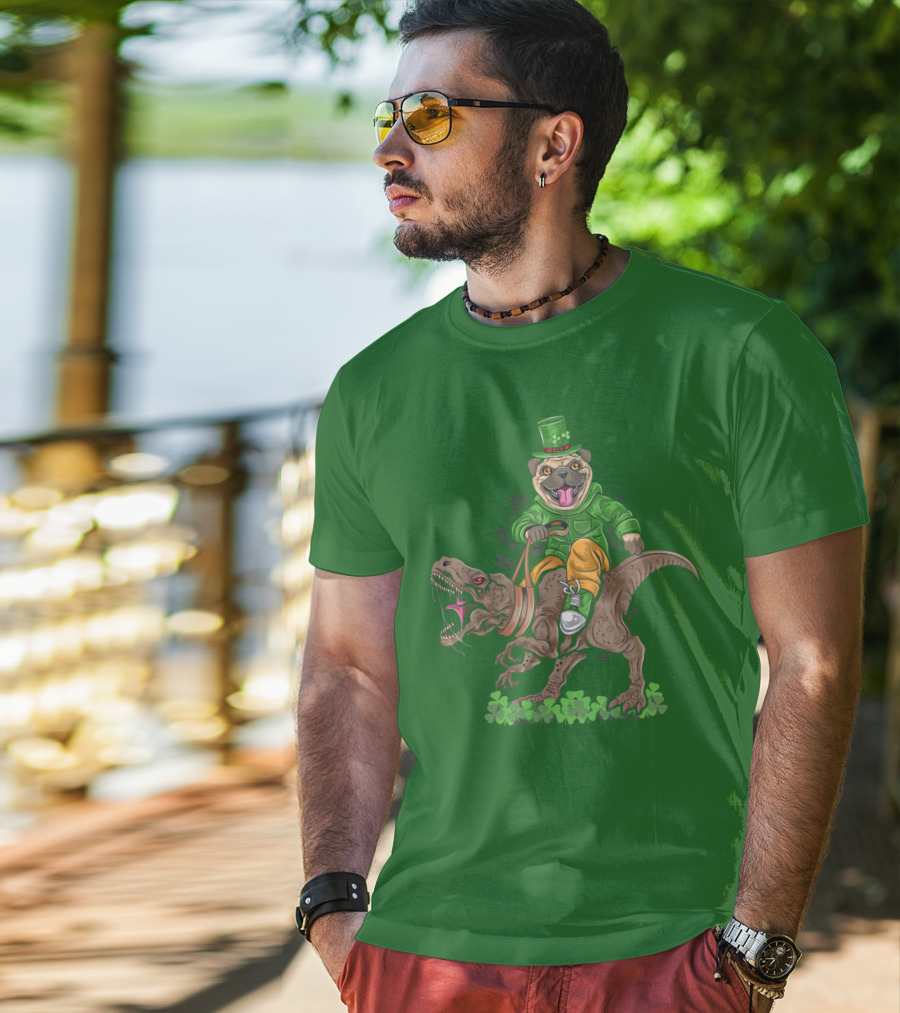 St Patricks Day Pug Puppy Riding Dinosaur Rex With Shamrocks And Leprechaun Hat T-Shirt