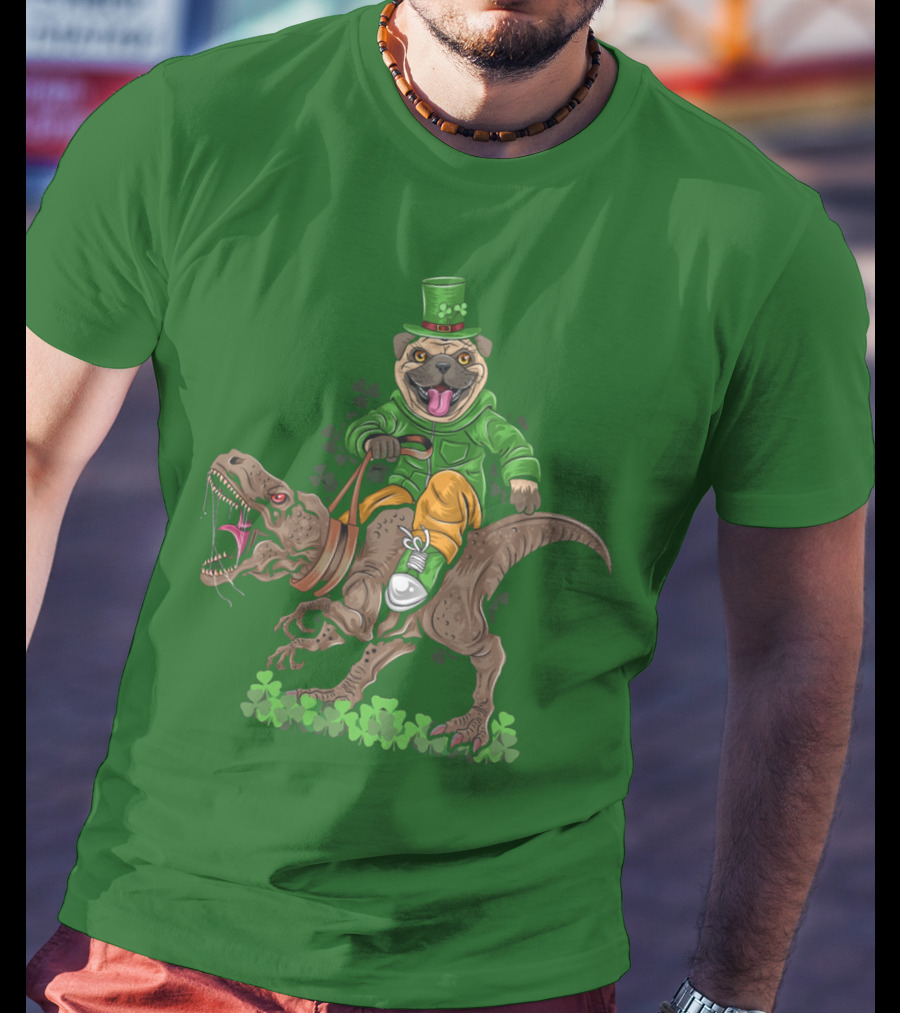 St Patricks Day Pug Puppy Riding Dinosaur Rex With Shamrocks And Leprechaun Hat T-Shirt
