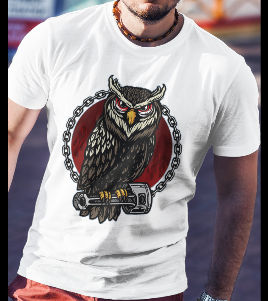 Owl And Piston Motorbike Enthusiast Chain Flame Background T-Shirt