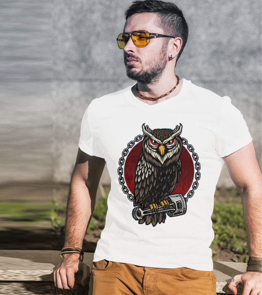 Owl And Piston Motorbike Enthusiast Chain Flame Background T-Shirt