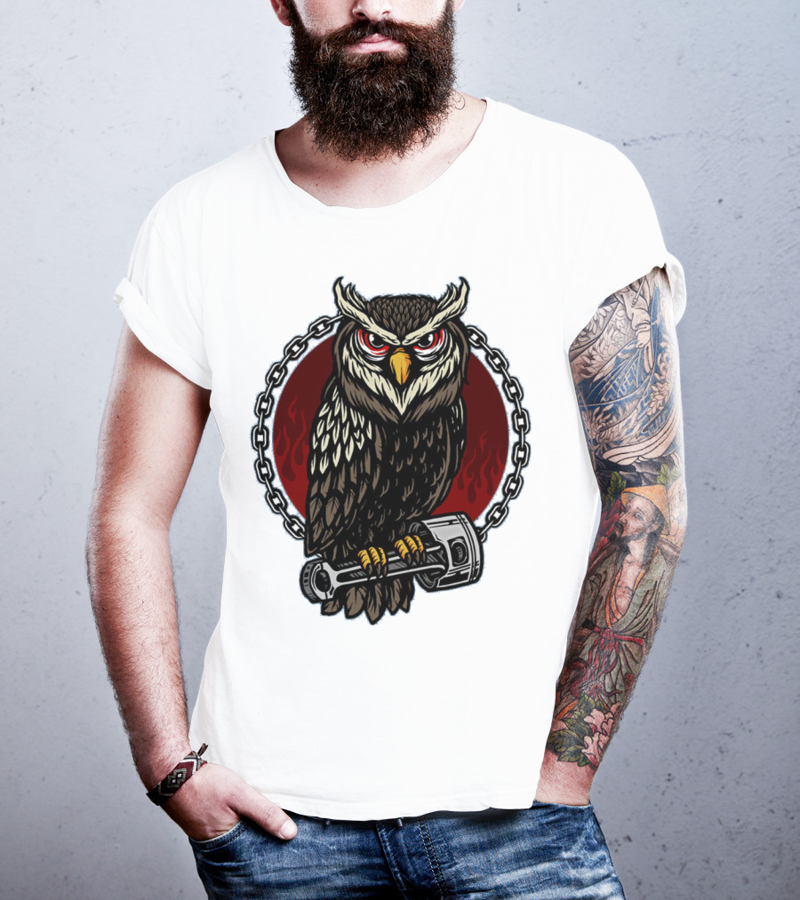 Owl And Piston Motorbike Enthusiast Chain Flame Background T-Shirt