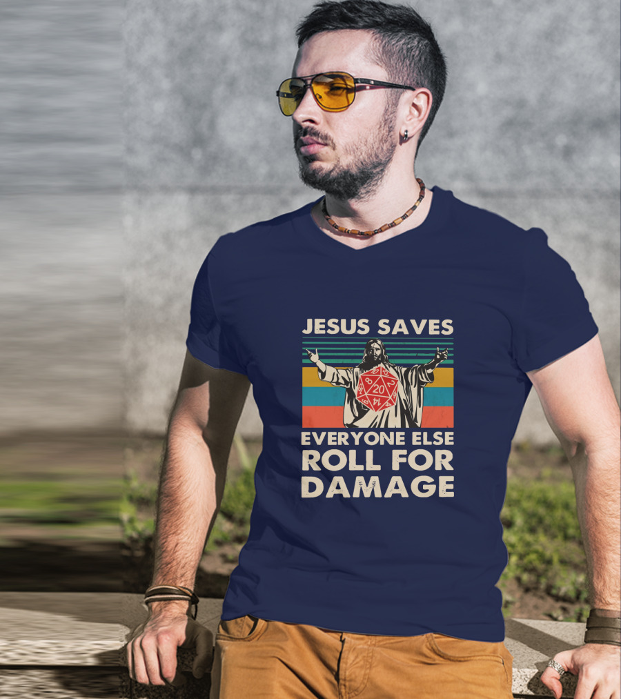 Jesus Saves D20 Everyone Else Roll For Damage Retro Stripes T-Shirt