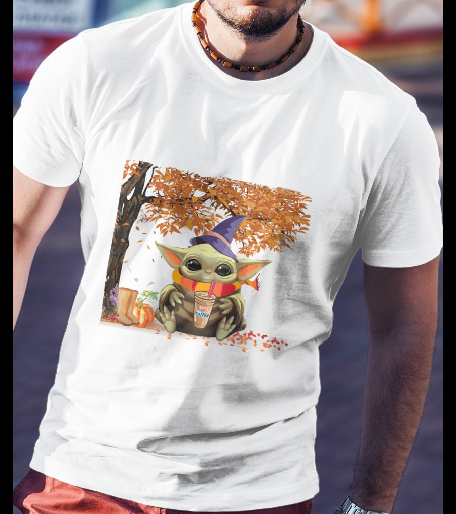 Baby Yoda Autumn Magic Coffee Hug Halloween Wizard Hat Scarf Pumpkin Leaves T-Shirt
