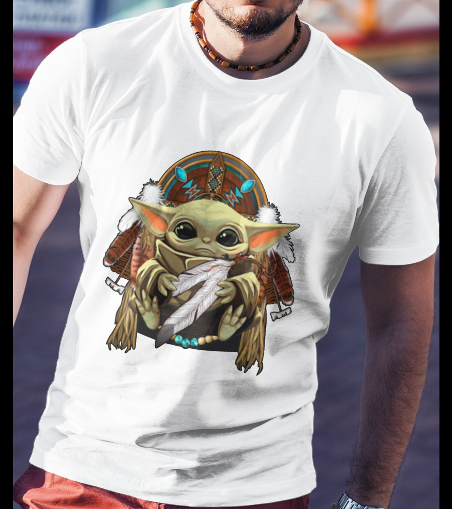 Baby Yoda Native American Headdress Feathers And Beads T-Shirt