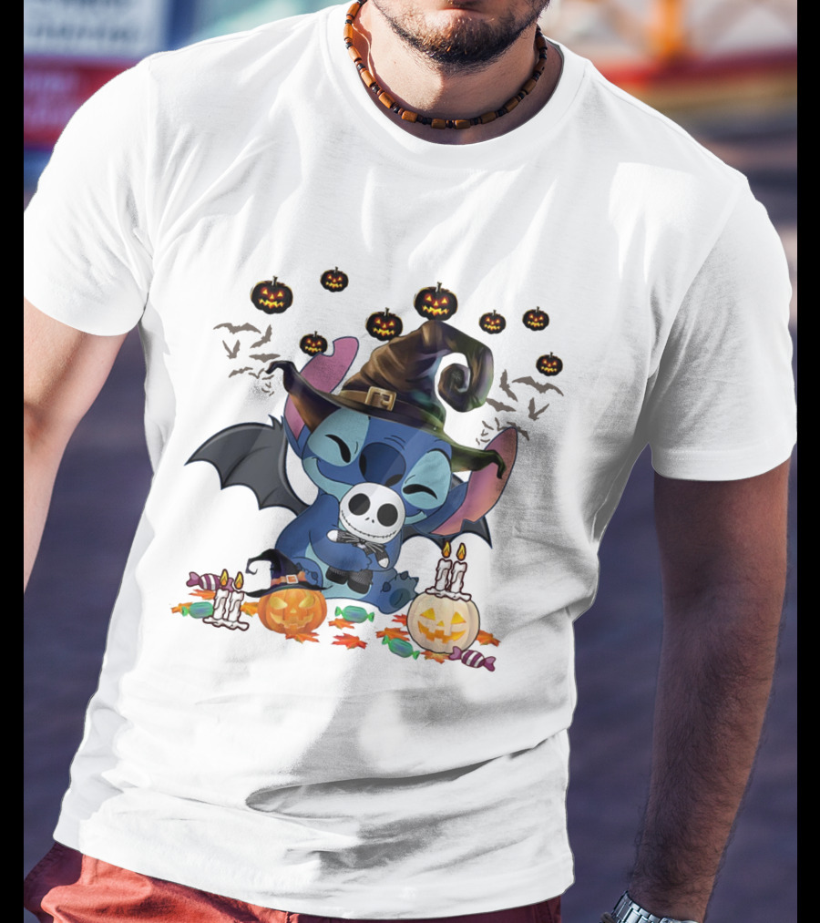 Happy Halloween Stitch Hugs Witch Baby Jack Skellington Pumpkins Candles Bats T-Shirt