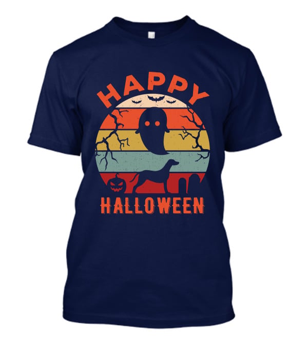 Happy Halloween Dalmatian Dog Ghost Pumpkin Retro Stripes T-Shirt