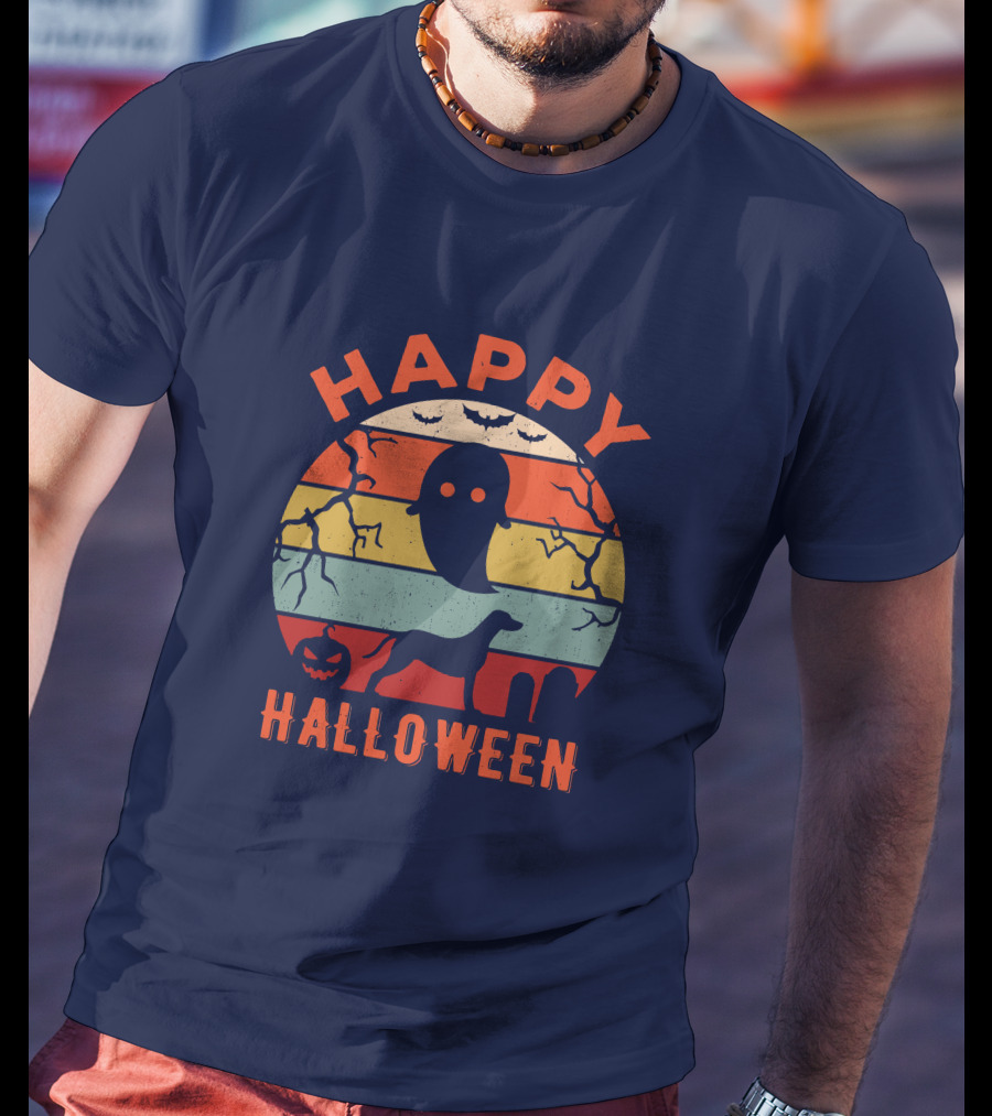 Happy Halloween Dalmatian Dog Ghost Pumpkin Retro Stripes T-Shirt