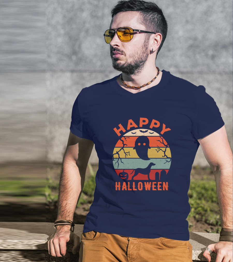 Happy Halloween Dalmatian Dog Ghost Pumpkin Retro Stripes T-Shirt