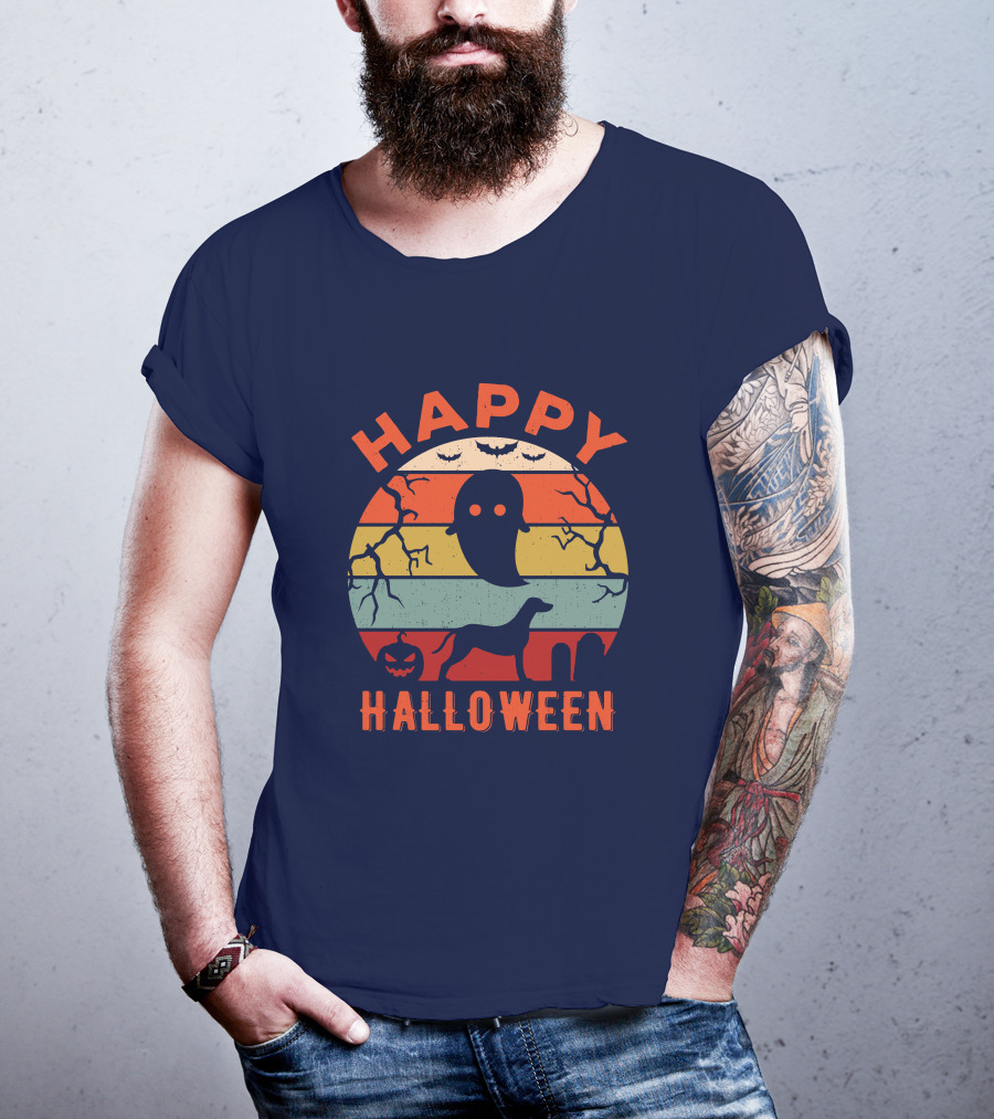 Happy Halloween Dalmatian Dog Ghost Pumpkin Retro Stripes T-Shirt