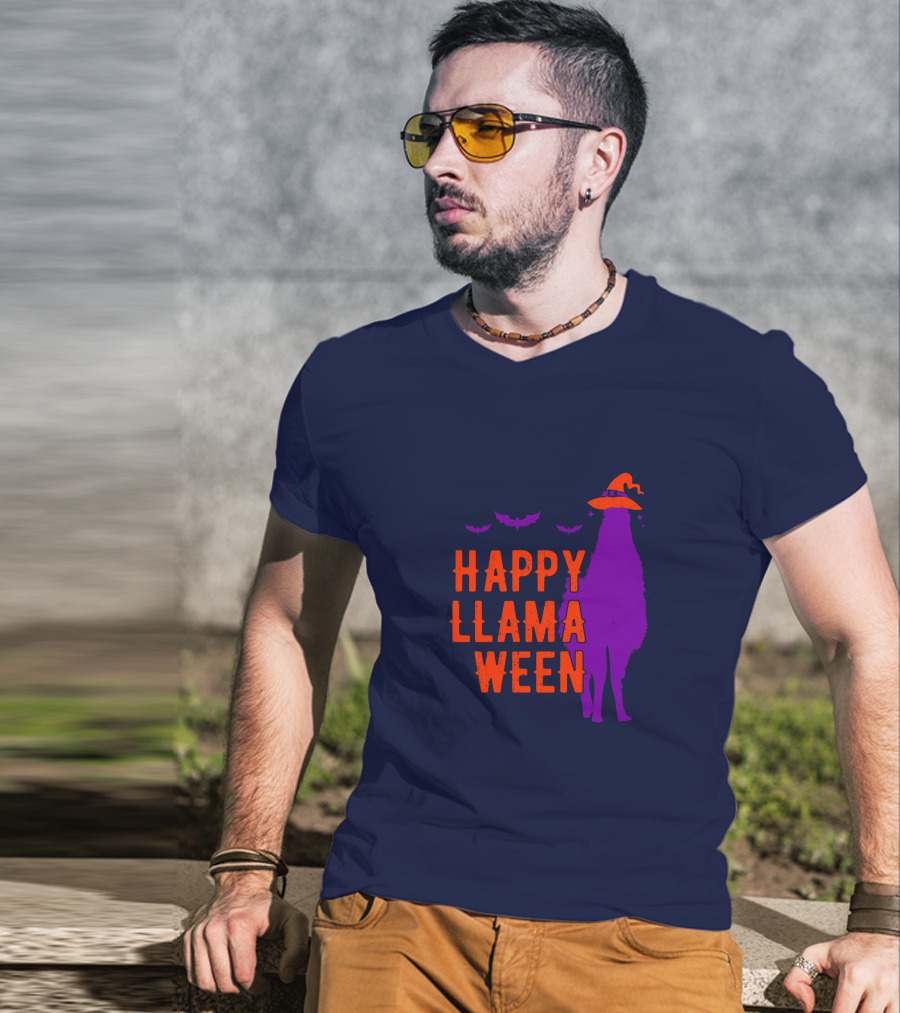 Happy Llamaween Llama Halloween Bat Witch Hat T-Shirt