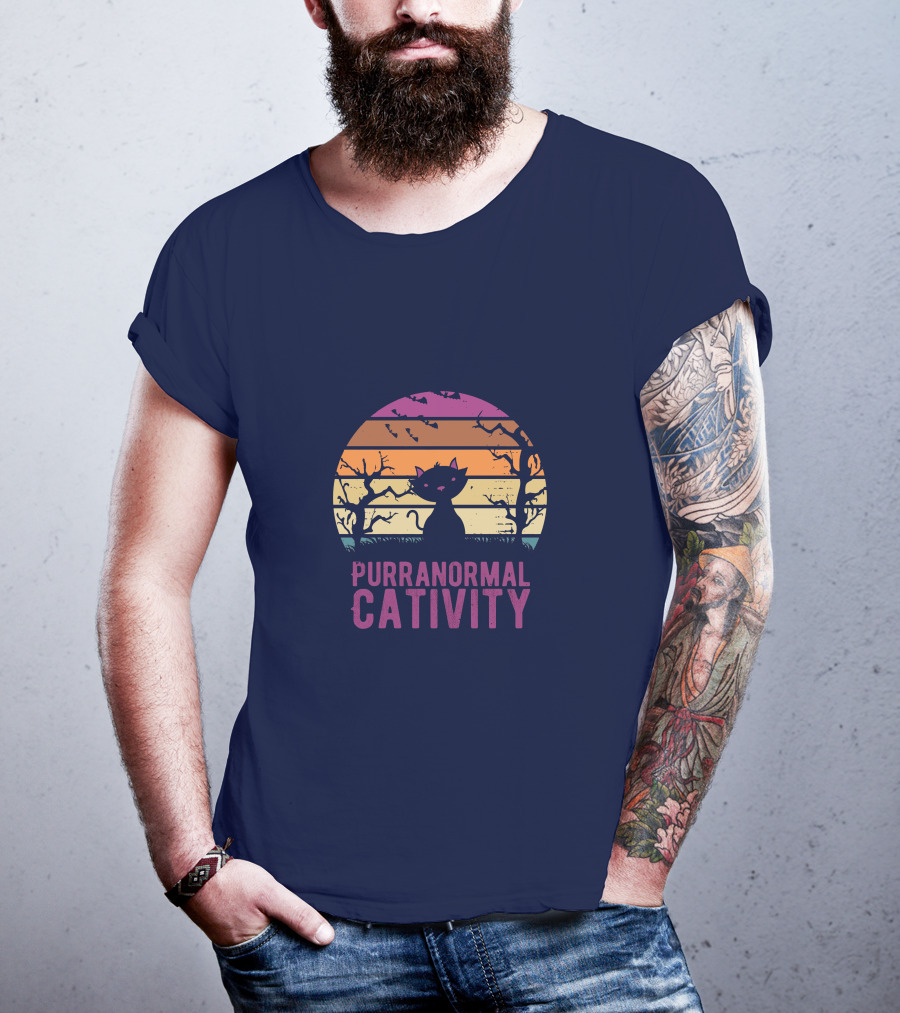 Purranormal Cativity Spooky Cat Silhouette With Bats And Trees T-Shirt